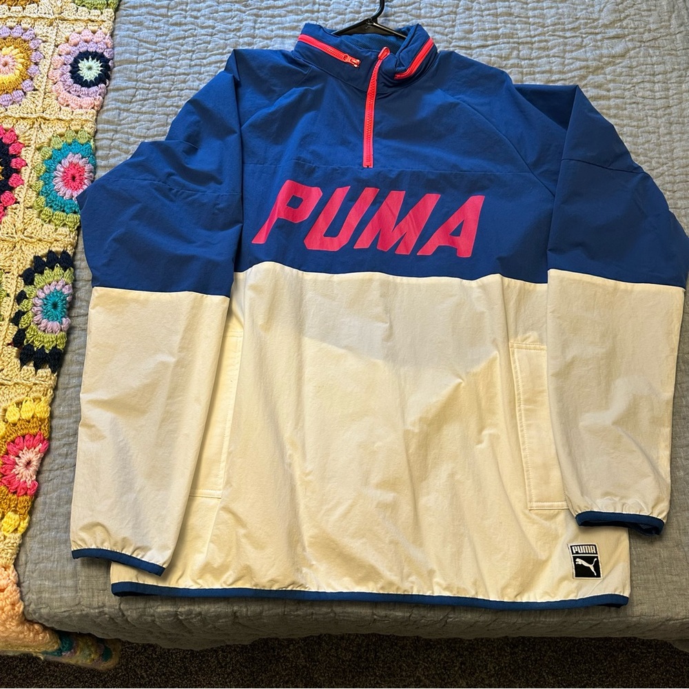 PUMA Blue and Cream Half-Zip Windbreaker Jacket with Packable Hood